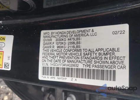 2022 Honda Accord Sport from USA, damaged, VIN 1HGCV1F34NA029932